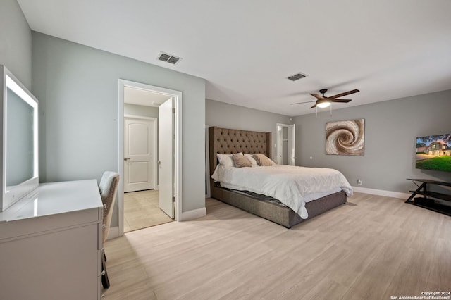 bedroom featuring light hardwood / wood-style flooring and ceiling fan