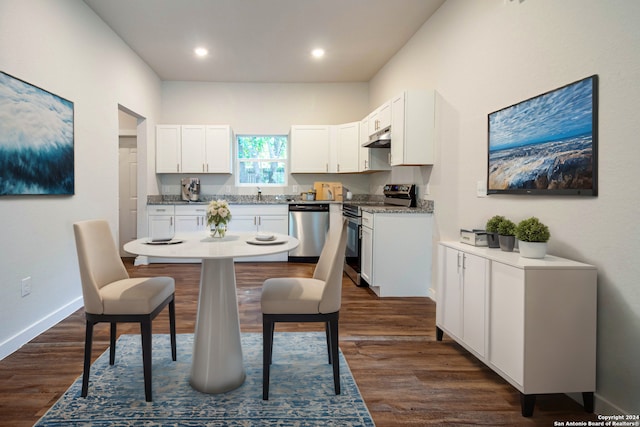 dining room with sink and dark hardwood / wood-style floors