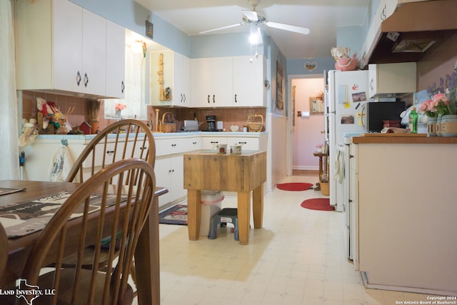 kitchen with white cabinetry, ceiling fan, and tasteful backsplash