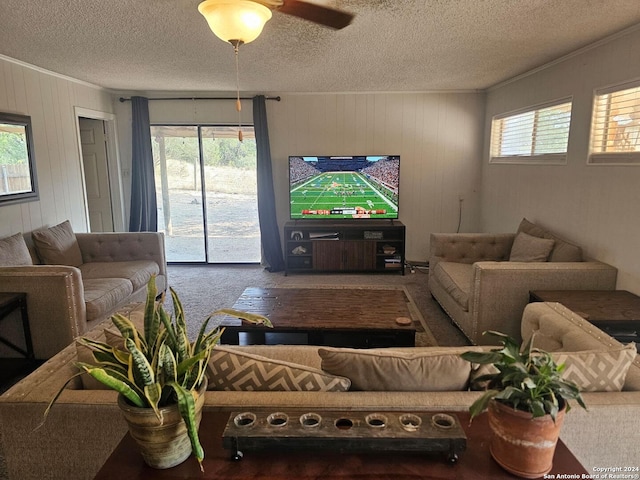 living room with ceiling fan, a textured ceiling, and a wealth of natural light