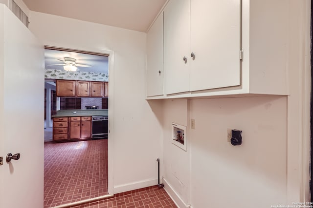 laundry area with hookup for an electric dryer, ceiling fan, hookup for a washing machine, and cabinets