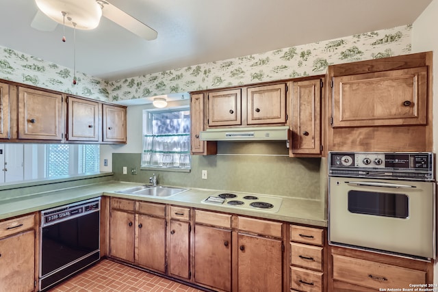 kitchen with black dishwasher, oven, sink, ceiling fan, and white electric cooktop