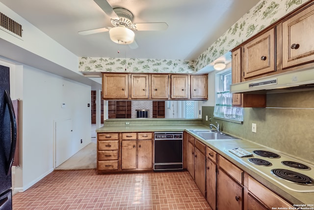 kitchen featuring black dishwasher, sink, white electric cooktop, and ceiling fan