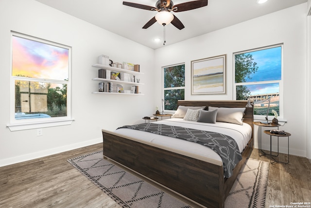 bedroom featuring hardwood / wood-style flooring and ceiling fan