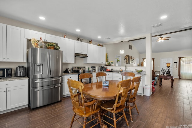 dining area featuring lofted ceiling, dark wood-type flooring, sink, billiards, and ceiling fan