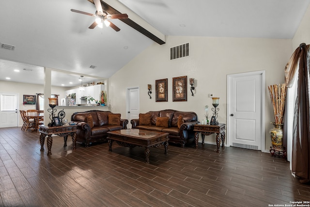 living room featuring dark wood-type flooring, ceiling fan, high vaulted ceiling, and beam ceiling