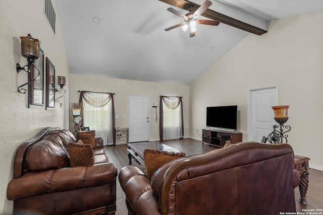 living room featuring ceiling fan, high vaulted ceiling, beamed ceiling, and dark hardwood / wood-style flooring