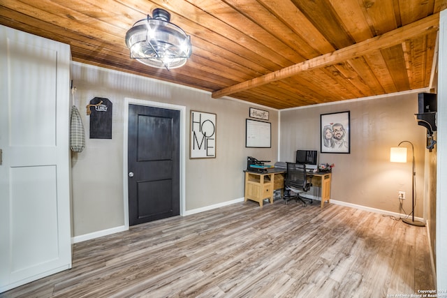 unfurnished office with beamed ceiling, wood ceiling, and wood-type flooring