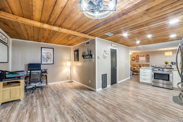 150 S Fisher Ln, Poteet, TX 78065 - office space with wood ceiling, baseboards, visible vents, and light wood-style flooring