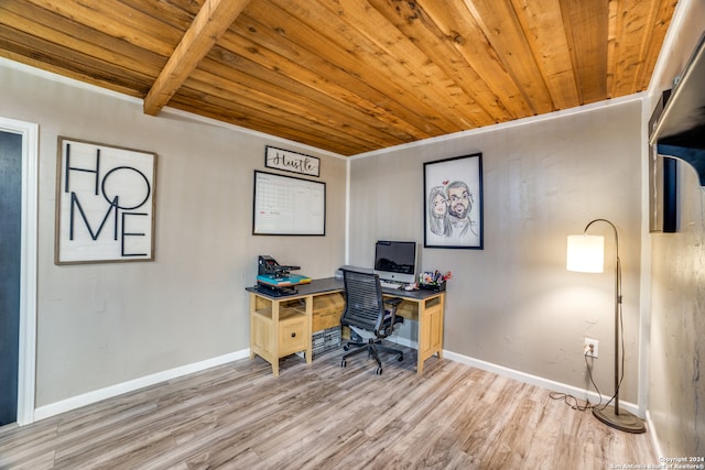 home office featuring beamed ceiling, light hardwood / wood-style floors, and wooden ceiling