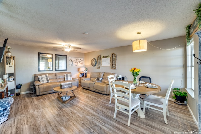 living room with ceiling fan, wood-type flooring, and a textured ceiling