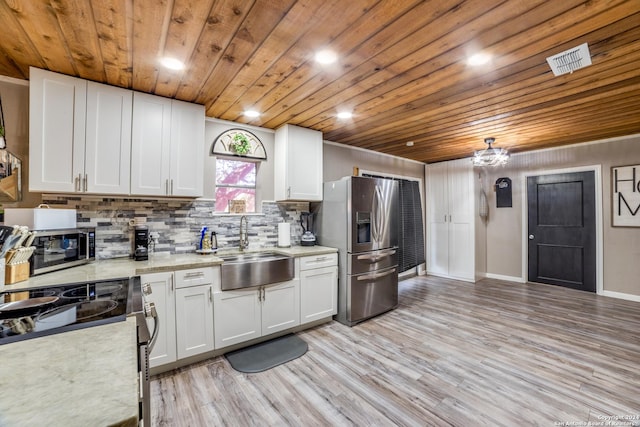 150 S Fisher Ln, Poteet, TX 78065 - kitchen featuring stainless steel appliances, light countertops, a sink, wood ceiling, and white cabinetry