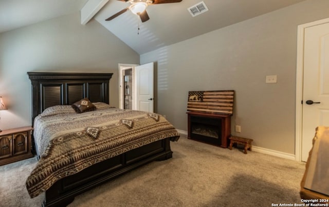 bedroom with vaulted ceiling with beams, light carpet, and ceiling fan