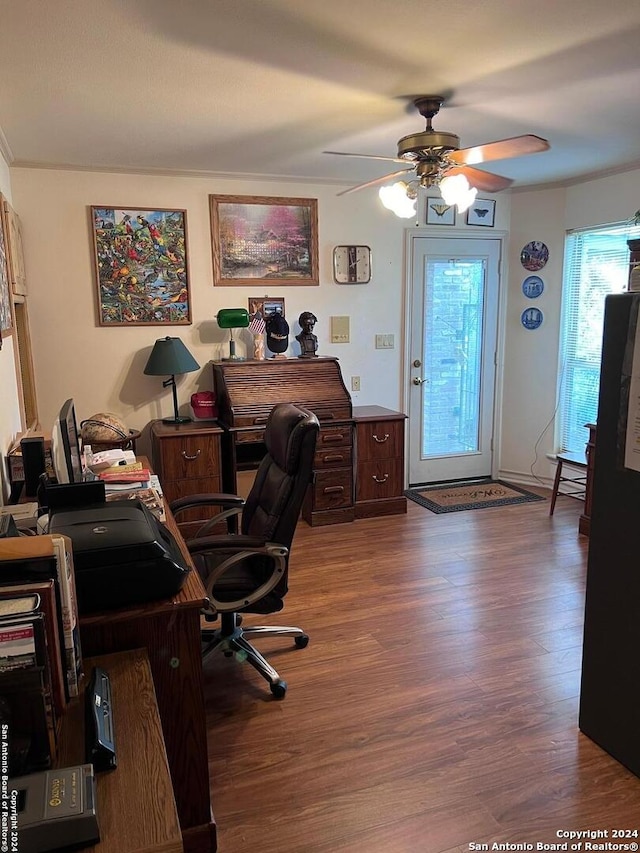 home office with hardwood / wood-style flooring and ceiling fan