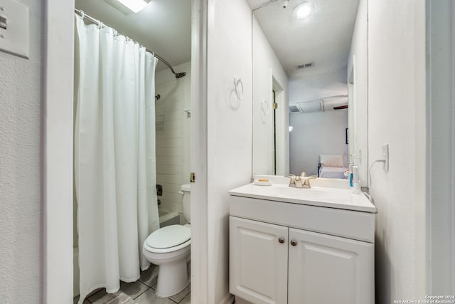 full bathroom with vanity, a textured ceiling, shower / bathtub combination with curtain, and toilet