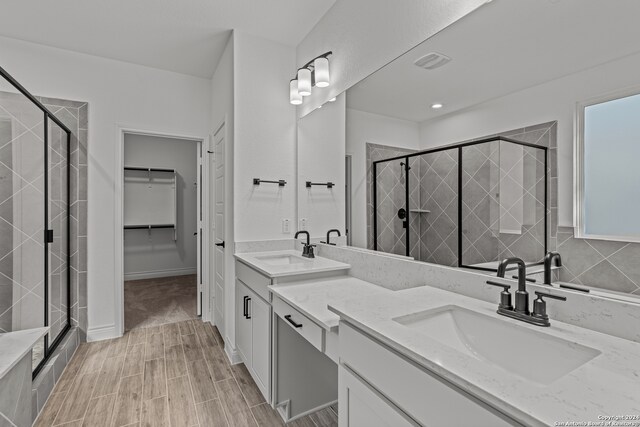 bathroom with vanity and a shower with shower door