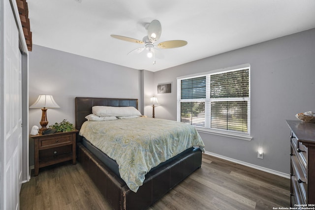 bedroom with dark hardwood / wood-style floors and ceiling fan