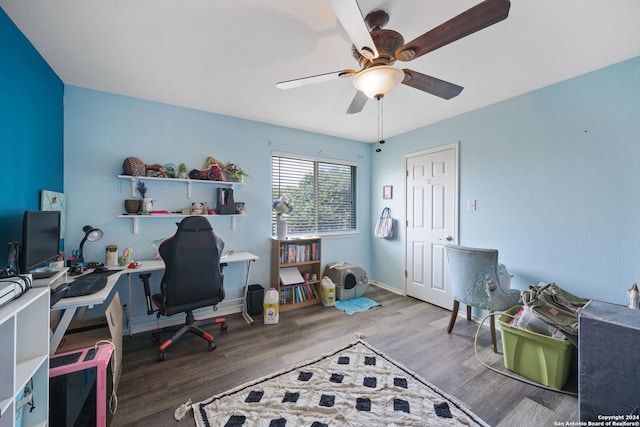 14519 Redwood Vly, San Antonio, TX 78023 - office featuring baseboards, wood finished floors, and a ceiling fan