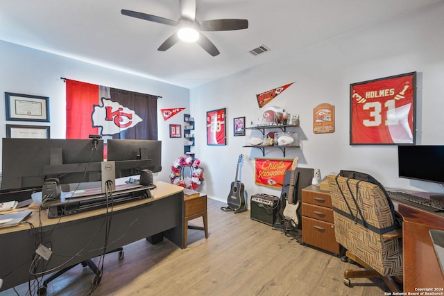 office area featuring ceiling fan and light wood-type flooring