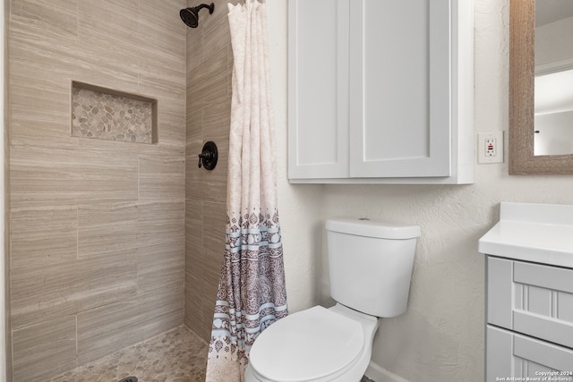 bathroom featuring vanity, curtained shower, and toilet