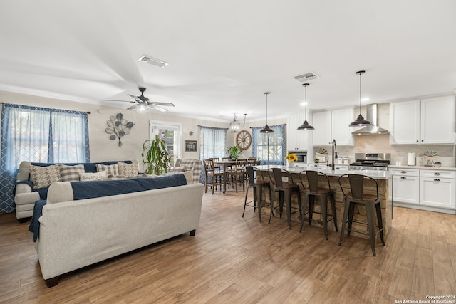 living room with light hardwood / wood-style floors, ornamental molding, sink, and ceiling fan