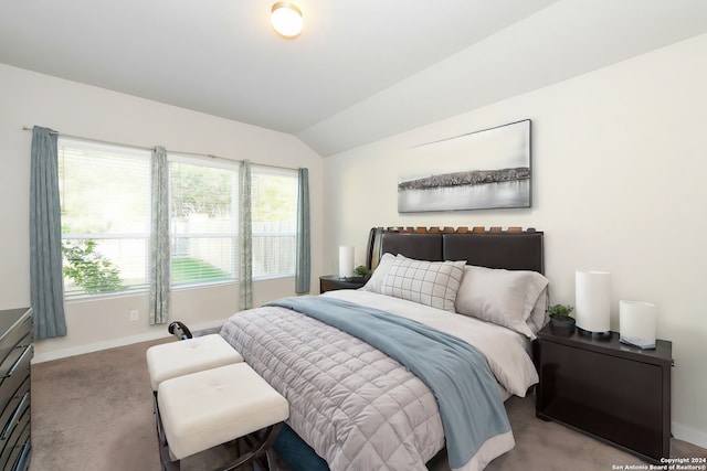 carpeted bedroom with lofted ceiling