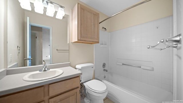 full bathroom with toilet, vanity, and bathing tub / shower combination