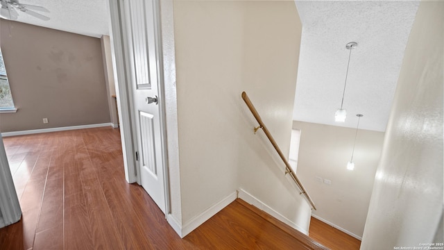 corridor with wood-type flooring and a textured ceiling