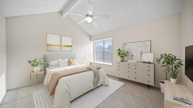 bedroom featuring ceiling fan, a textured ceiling, light carpet, and vaulted ceiling with beams