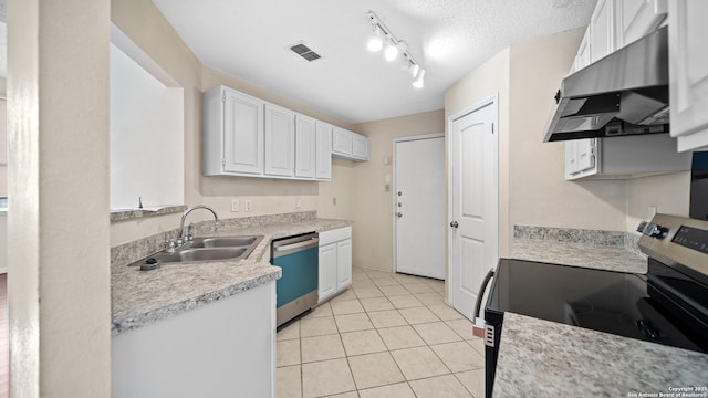 kitchen featuring white cabinetry, stainless steel appliances, sink, light tile patterned flooring, and range hood