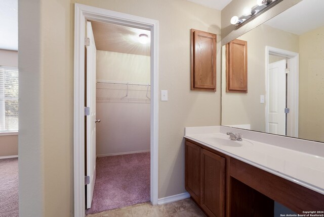 bathroom featuring baseboards, vanity, and a spacious closet