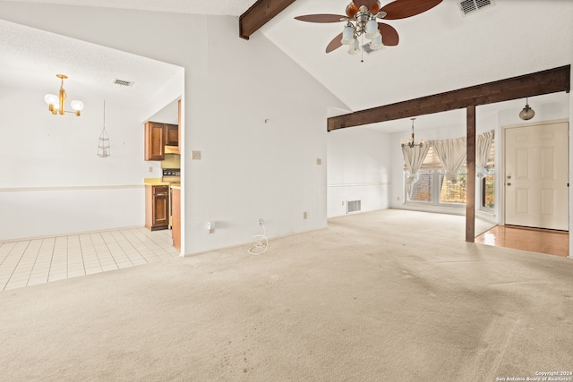 unfurnished living room featuring ceiling fan with notable chandelier, a textured ceiling, vaulted ceiling with beams, and light colored carpet