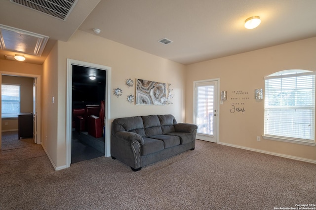 7527 Presidio Hvn, Boerne, TX 78015 - living room featuring attic access, visible vents, and carpet floors