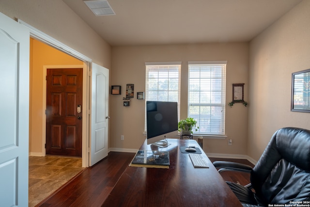 office with dark wood-type flooring