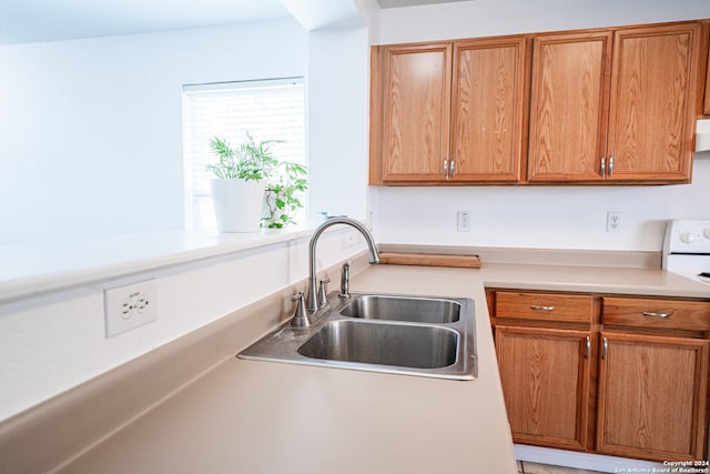 kitchen with sink, exhaust hood, and white stove