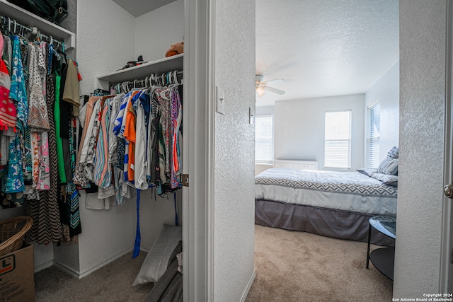 spacious closet with light carpet and ceiling fan