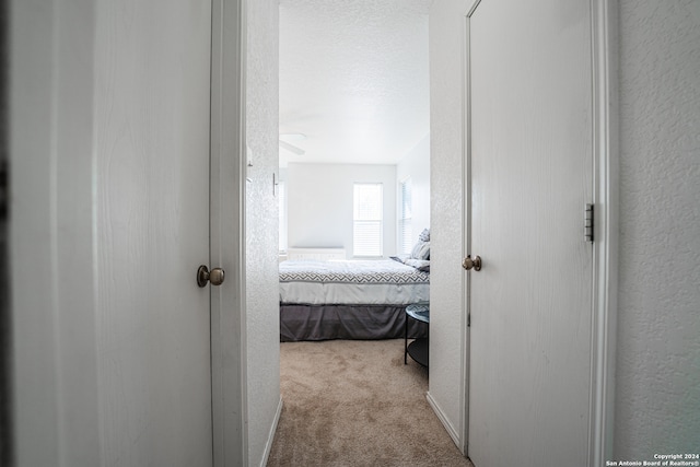 hall featuring a textured ceiling and light colored carpet