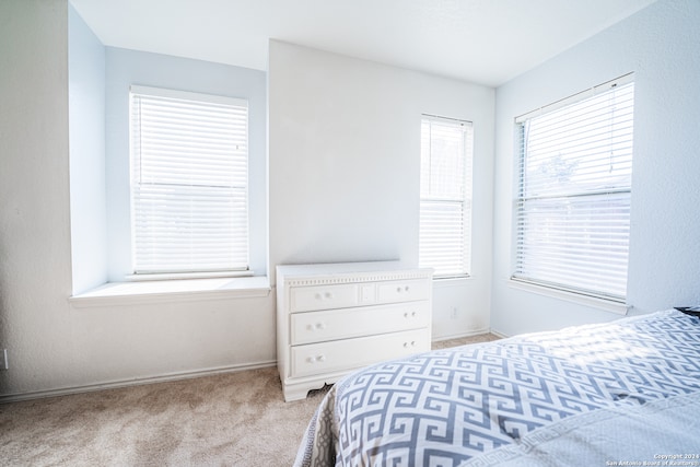 bedroom featuring light colored carpet