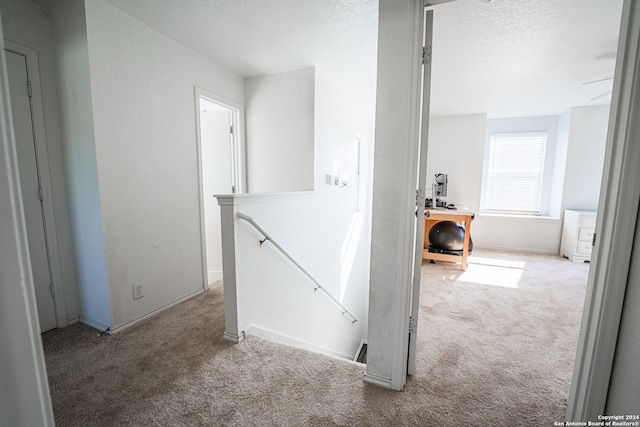 hallway featuring light carpet and a textured ceiling