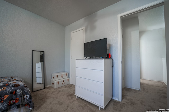 bedroom with a textured ceiling and light colored carpet