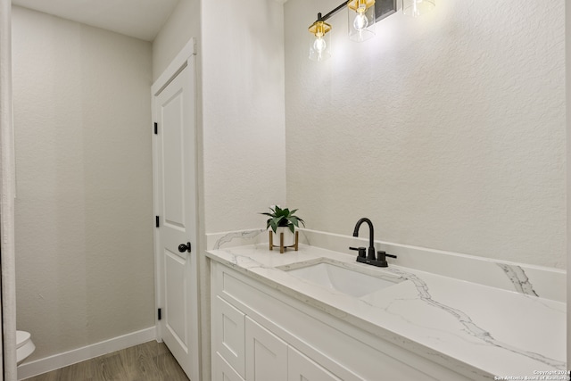 bathroom with vanity, toilet, and hardwood / wood-style floors