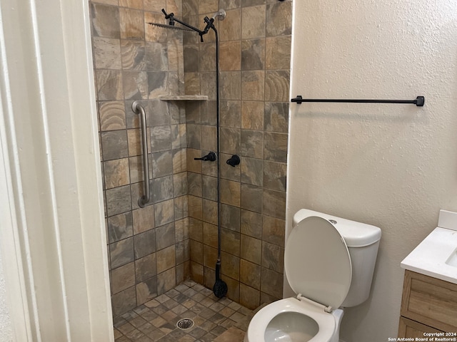 bathroom with vanity, a tile shower, and toilet