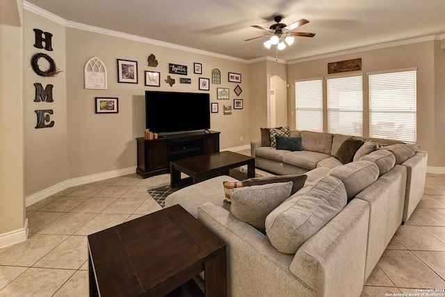 living room with ornamental molding, ceiling fan, and light tile patterned floors