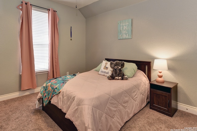 carpeted bedroom featuring lofted ceiling and multiple windows