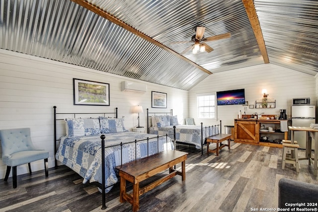 bedroom featuring ceiling fan, hardwood / wood-style flooring, lofted ceiling with beams, and wood walls