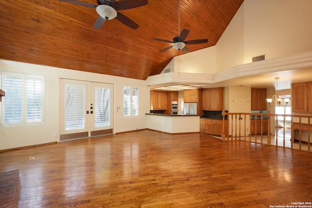 unfurnished living room with french doors, wood-type flooring, wooden ceiling, high vaulted ceiling, and ceiling fan with notable chandelier