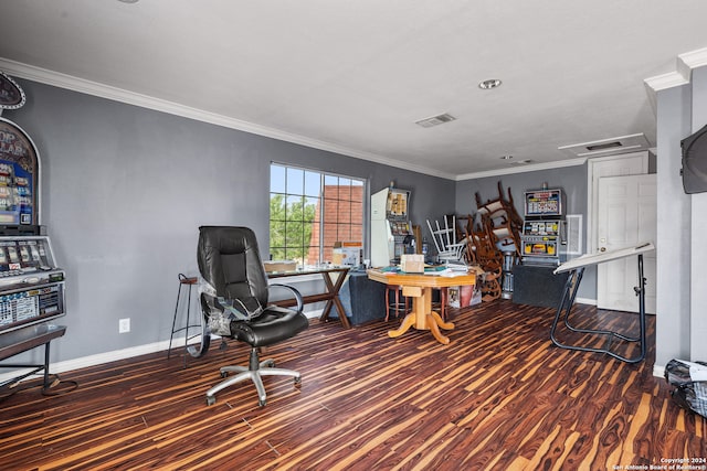 office area featuring crown molding and dark hardwood / wood-style floors