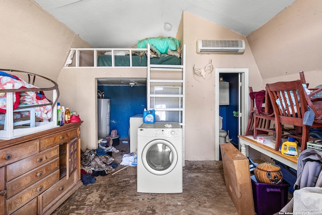 washroom featuring washer / dryer, electric water heater, and an AC wall unit