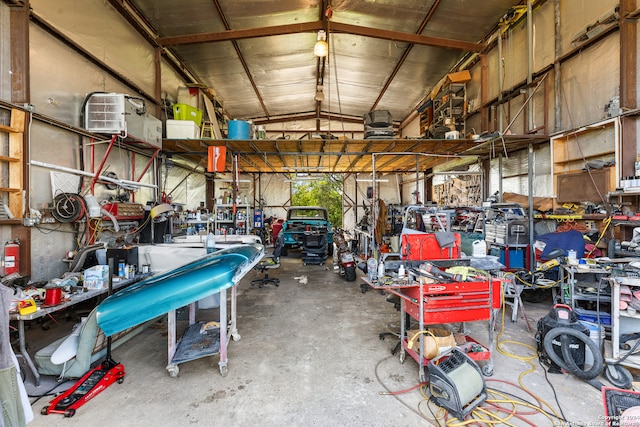 garage with a workshop area