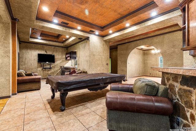 rec room with ornamental molding, light tile patterned flooring, pool table, and a tray ceiling